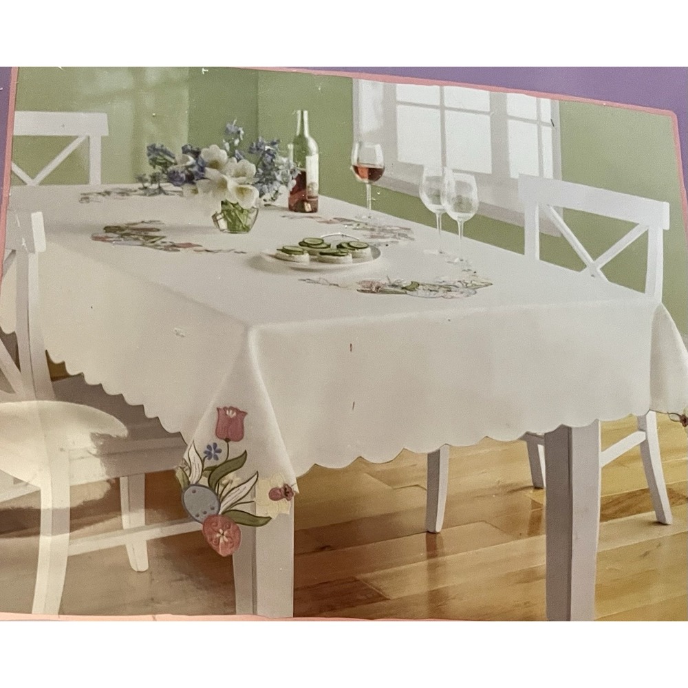Blossoms & Blooms Easter Cutwork Tablecloth Oblong 60x102 Floral Egg Embroidery